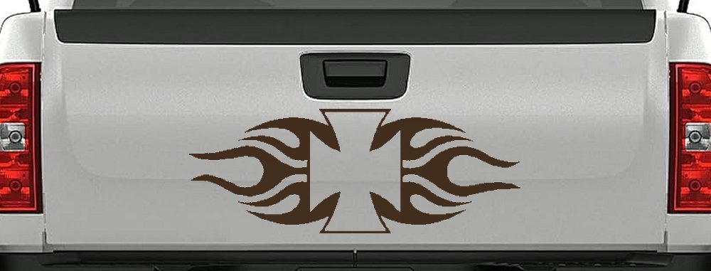 Chopper Iron Cross with Tribal Biker Car or Truck Window Decal Sticker (Brown)