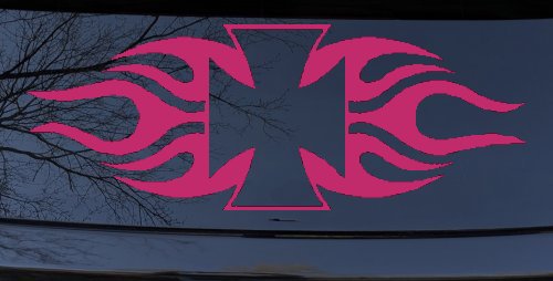 Chopper Iron Cross with Tribal Biker Car or Truck Window Decal Sticker (Hot Pink)