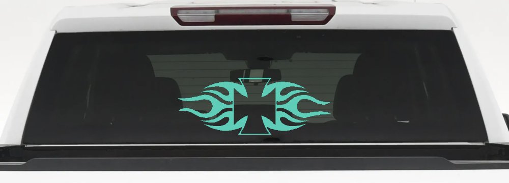 Chopper Iron Cross with Tribal Biker Car or Truck Window Decal Sticker (Mint)