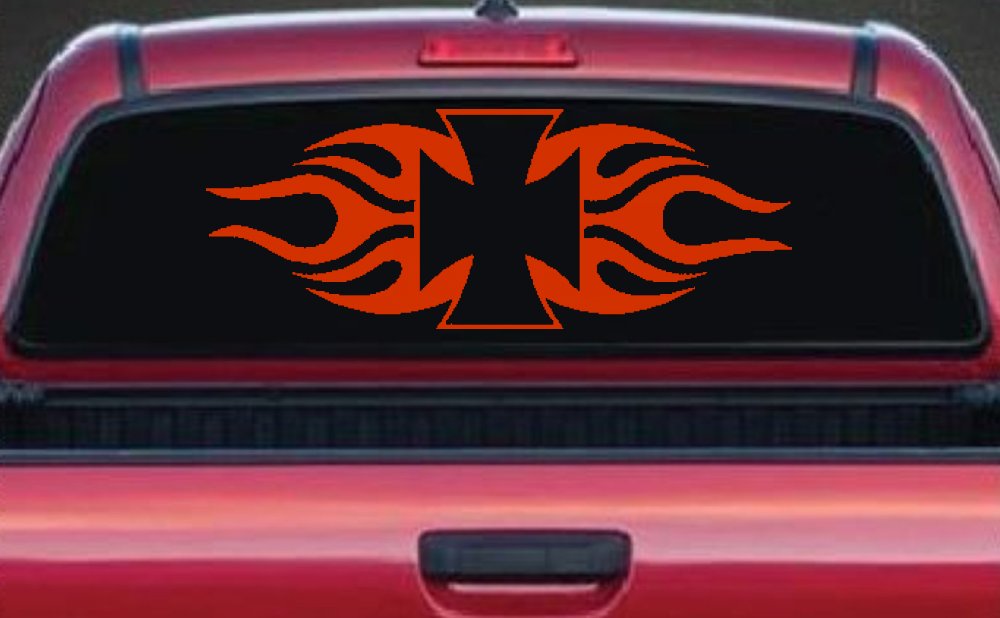 Chopper Iron Cross with Tribal Biker Car or Truck Window Decal Sticker (Orange Red)