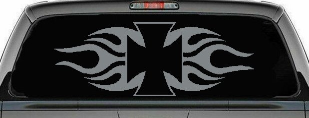 Chopper Iron Cross with Tribal Biker Car or Truck Window Decal Sticker