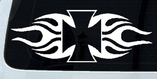 Chopper Iron Cross with Tribal Biker Car or Truck Window Decal Sticker (White)