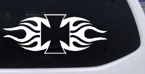 Chopper Iron Cross with Tribal Biker Car or Truck Window Decal Sticker (White)