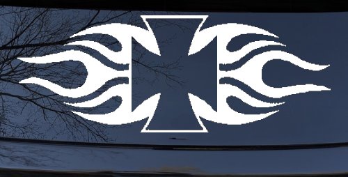 Chopper Iron Cross with Tribal Biker Car or Truck Window Vinyl Decal Sticker (White)