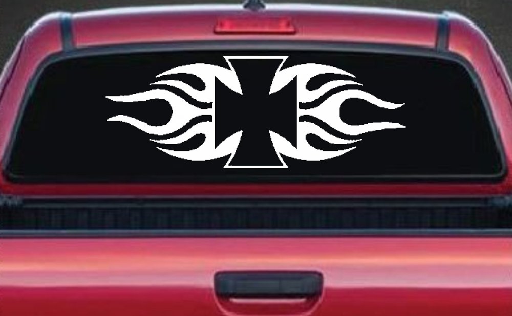 Chopper Iron Cross with Tribal Biker Car or Truck Window Decal Sticker (White)