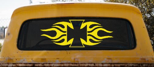 Chopper Iron Cross with Tribal Biker Car or Truck Window Decal Sticker (Yellow)