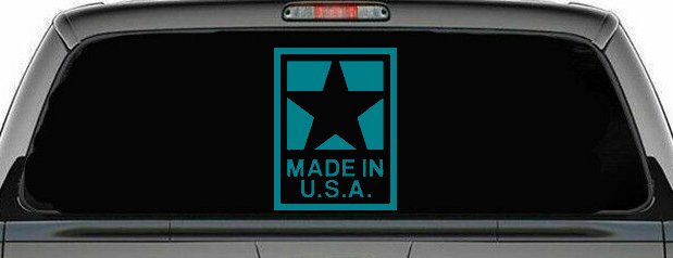 Made In the USA Patriotic Car or Truck Window Decal Sticker (Turquoise Blue)