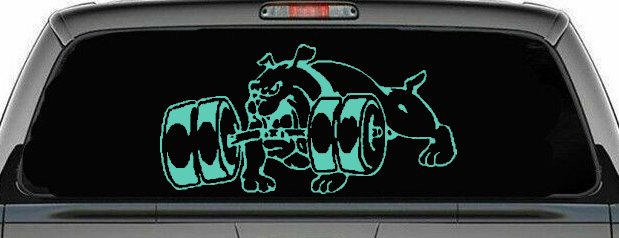 Bulldog With Barbells Car or Truck Window Decal Sticker (Mint)