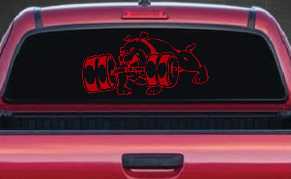 Bulldog With Barbells Car or Truck Window Decal Sticker (Red)