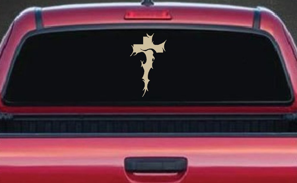 Tribal Thorn Jesus Cross Christian Car or Truck Window Decal Sticker (Desert Sand)