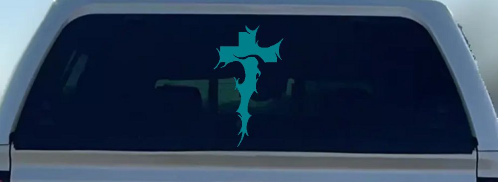 Tribal Thorn Jesus Cross Christian Car or Truck Window Decal Sticker (Turquoise Blue)