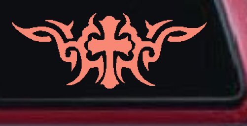 Christian Cross with Tribals Car or Truck Window Decal Sticker (Coral)