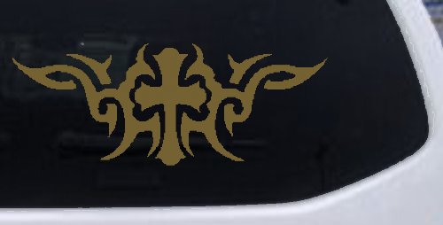 Christian Cross with Tribals Car or Truck Window Decal Sticker (Gold)