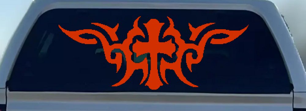 Christian Cross with Tribals Car or Truck Window Decal Sticker (Orange Red)