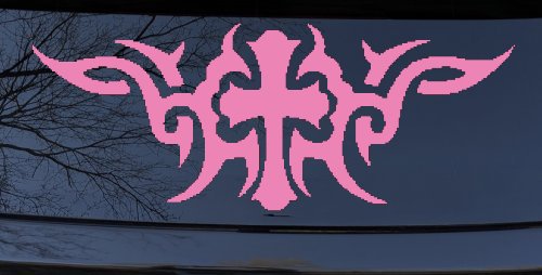 Christian Cross with Tribals Car or Truck Window Vinyl Decal Sticker (Pink)