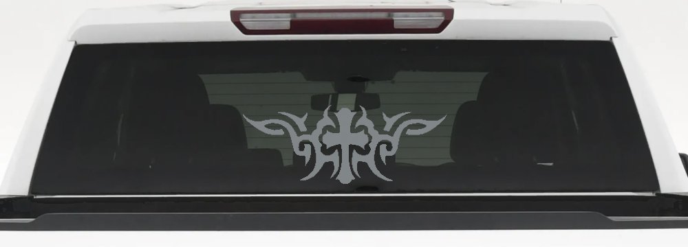 Christian Cross with Tribals Car or Truck Window Decal Sticker (Telegrey)