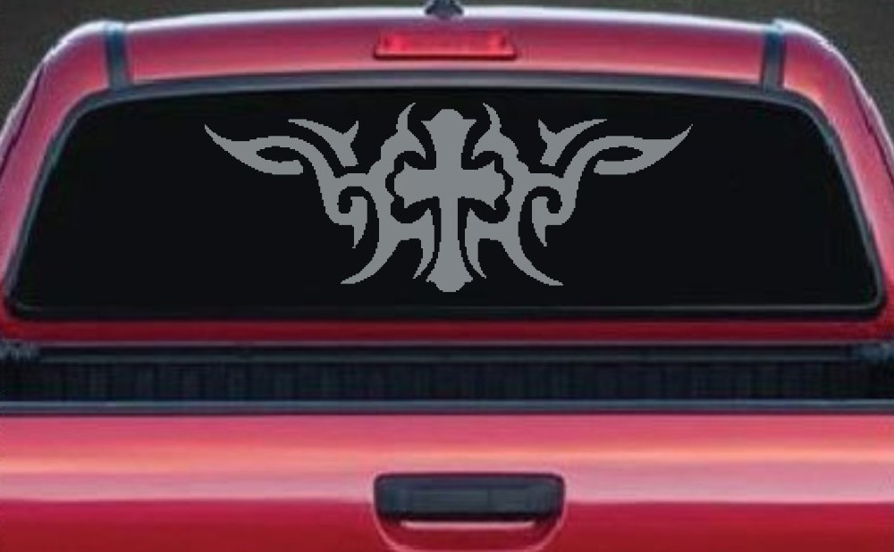 Christian Cross with Tribals Car or Truck Window Decal Sticker (Telegrey)