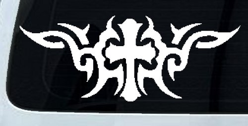 Christian Cross with Tribals Car or Truck Window Decal Sticker (White)