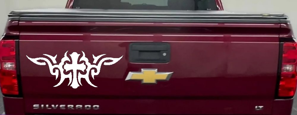 Christian Cross with Tribals Car or Truck Window Decal Sticker (White)