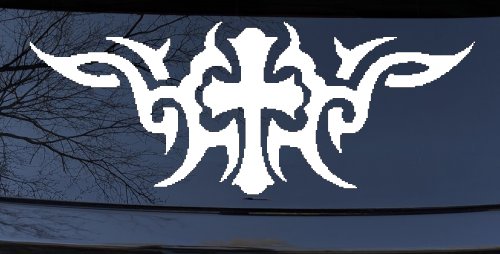 Christian Cross with Tribals Car or Truck Window Decal Sticker (White)