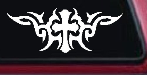 Christian Cross with Tribals Car or Truck Window Decal Sticker (White)