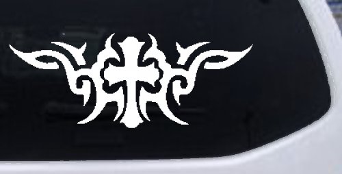 Christian Cross with Tribals Car or Truck Window Decal Sticker (White)
