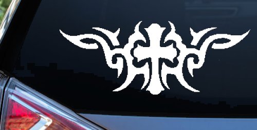 Christian Cross with Tribals Car or Truck Window Vinyl Decal Sticker (White)