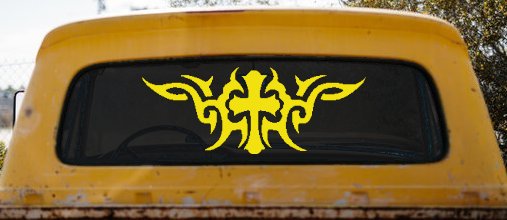 Christian Cross with Tribals Car or Truck Window Decal Sticker (Yellow)