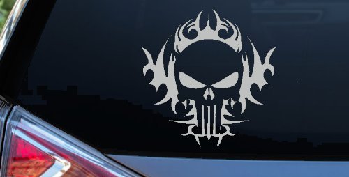 Tribal Punisher Skull Car or Truck Window Decal Sticker (Light Gray)
