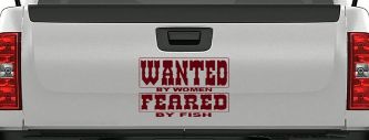 Wanted by Women Feared by Fish Funny Fishing Car or Truck Window Decal Sticker (Purple Red)