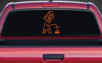 Fireman Pee on Fire Car or Truck Window Decal Sticker (Orange)