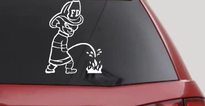 Funny Fireman Peeing on Fire Car Truck Window Decal Sticker