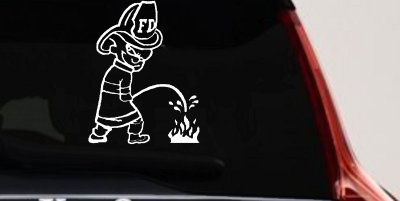 Funny Fireman Peeing on Fire Car Truck Window Decal Sticker
