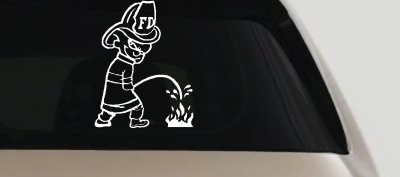 Funny Fireman Peeing on Fire Car Truck Window Decal Sticker