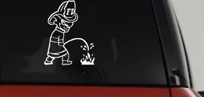 Funny Fireman Peeing on Fire Car Truck Window Decal Sticker