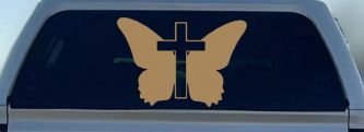 Butterfly With Cross Christian Car or Truck Window Decal Sticker (Light Brown)