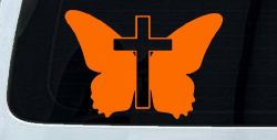 Butterfly With Cross Christian Car or Truck Window Decal Sticker (Orange)