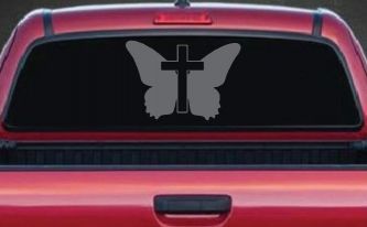 Christian Butterfly Cross Decal for Car Truck Window - Faith Sticker (Silver)