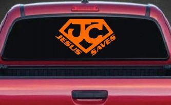 Jesus Saves Vinyl Decal | Christian Car & Truck Window Sticker (Orange)