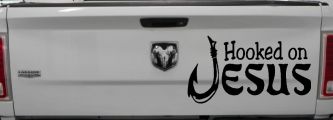 Hooked On Jesus with Fish Hook Christian Car or Truck Window Decal Sticker (Black)
