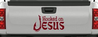 Hooked On Jesus with Fish Hook Christian Car or Truck Window Decal Sticker (Burgundy)