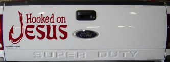 Hooked On Jesus with Fish Hook Christian Car or Truck Window Decal Sticker (Burgundy)
