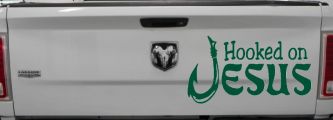Hooked On Jesus with Fish Hook Christian Car or Truck Window Decal Sticker (Dark Green)