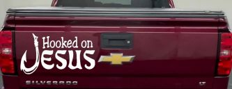 Hooked On Jesus with Fish Hook Christian Car or Truck Window Decal Sticker (White)