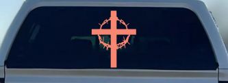 Cross With Thorn Crown Christian Car or Truck Window Decal Sticker (Coral)