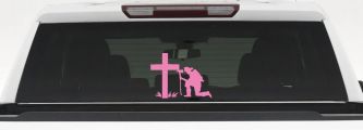 Fireman At The Cross Christian Car or Truck Window Decal Sticker (Pink)