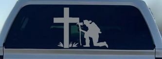 Fireman At The Cross Christian Car or Truck Window Decal Sticker (Telegrey)