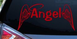 Angel Text With Wings and Halo Christian Car or Truck Window Decal Sticker (Red)
