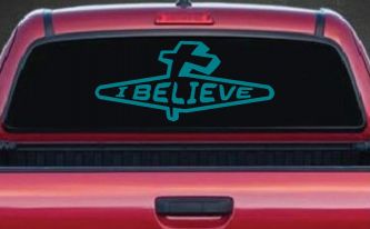 I Believe Cross Christian Car Truck Decal - Faith Window Sticker (Turquoise Blue)