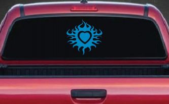 Tribal Flaming Heart Car or Truck Window Decal Sticker (Blue)